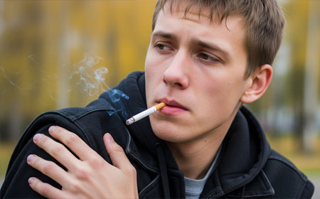 Подросток курит сигарету на улицу